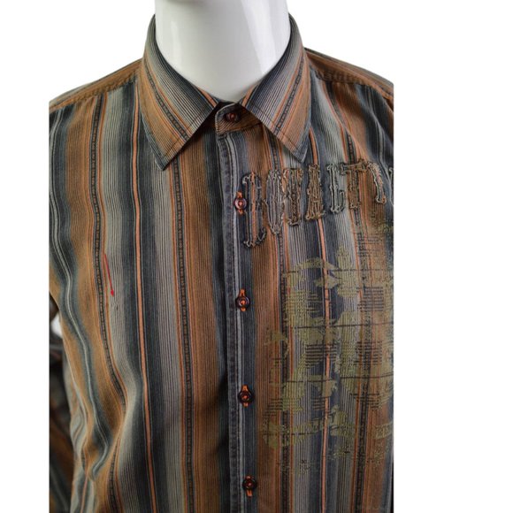 Point Zero Black Label MEN sz M  Long Sleeves Shirt Orange Brown Gray Stripes - Picture 10 of 12
